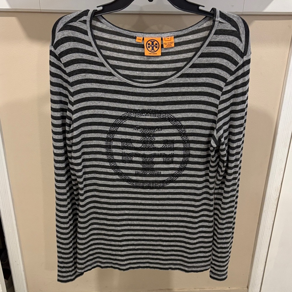 Tory Burch Women’s Black & Gray Striped Long-Sleeve Logo Tee Size M
